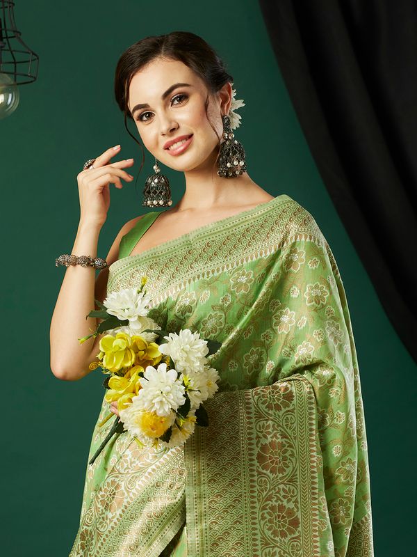 Green Wevon Jacquard Designer Linen Saree
