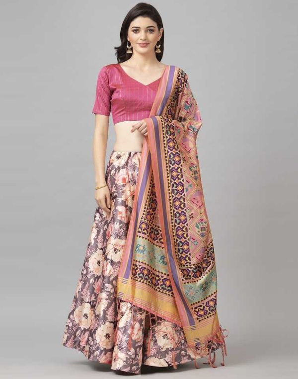 Digital Print Satin Silk Fabric Stitched Lehenga Choli With Jequared Blouse and Assami Silk Thread Work Dupatta For Women and Girls In Festive Party And Traditional Wear