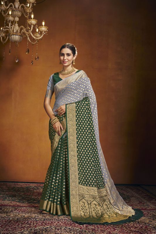 Green Georgette Woven Saree With Tassels on Pallu and Stitched Green Blouse