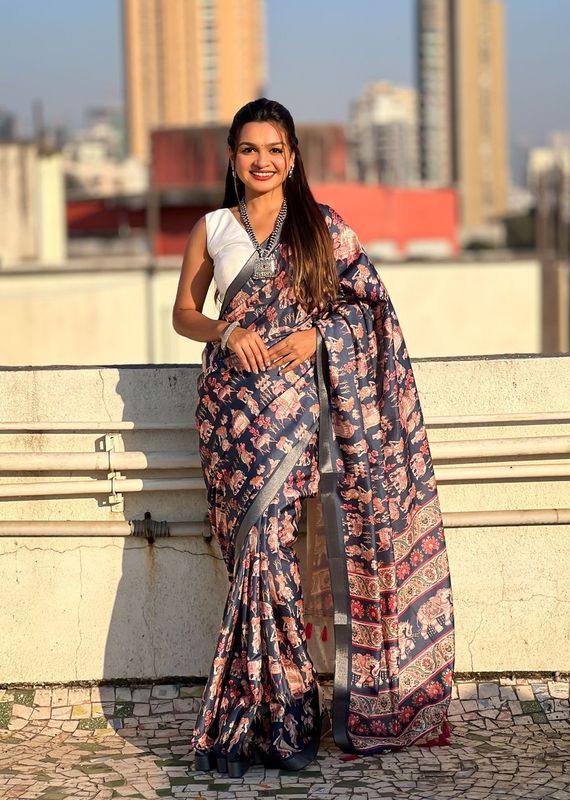 Blue Wevon Jari Border & Designer Digital Printed Tussar Silk Saree