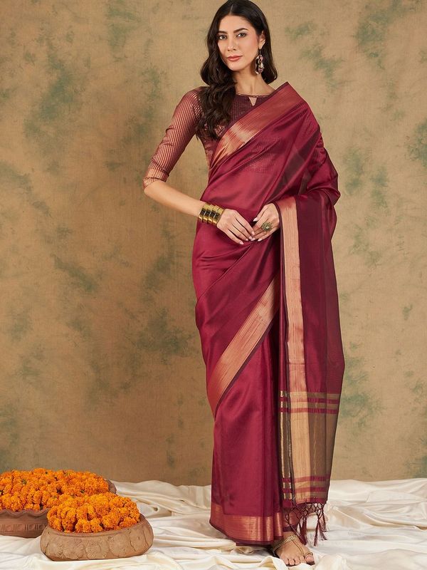 Maroon Wevon Jari Designer Cotton Organza Saree