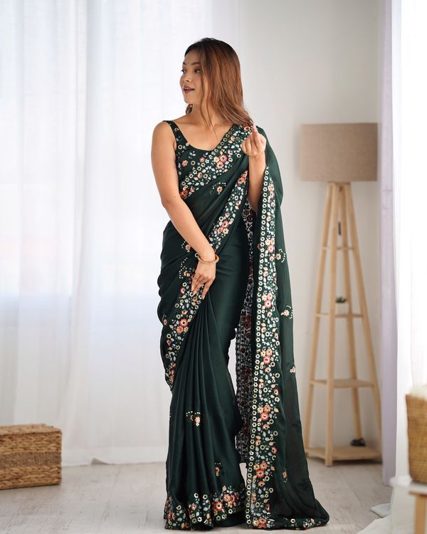 Green Multy Thread & Sequance Embroidery Work Satin Chiffon Saree