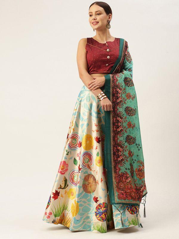 Kalamkari Digital Print Shiney Satin Stitched Lehenga Choli With Unstitched Multi Sequnce Work Blouse and Shiney Silk Dupatta For Women and Girls