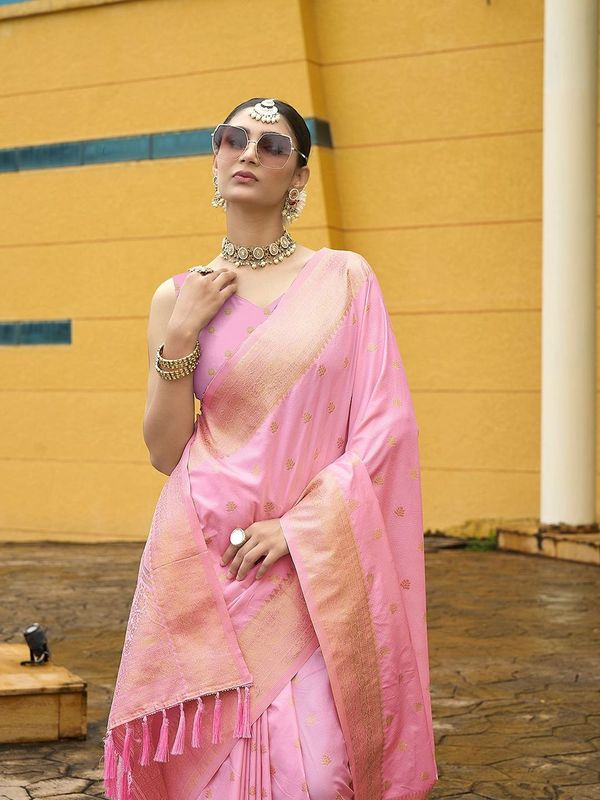 Pink Wevon Jacquard Designer Nylon Banarasi Saree