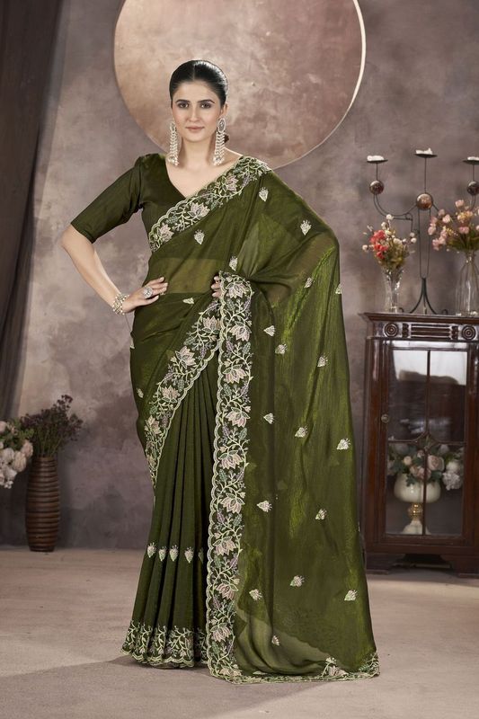 Green Multy Thread & Sequance Embroidery Cut Work Gold Crunchy Saree