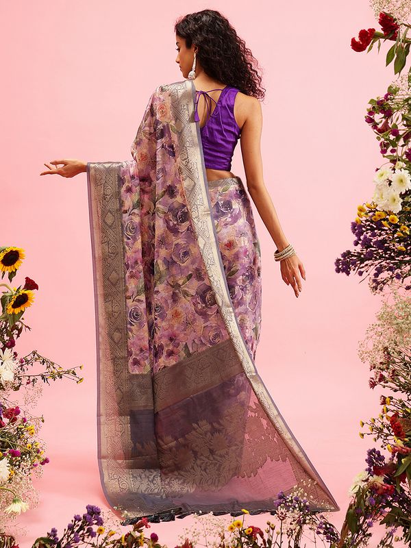 Lavender Digital Printed Banarasi Cotton Zari Woven Saree