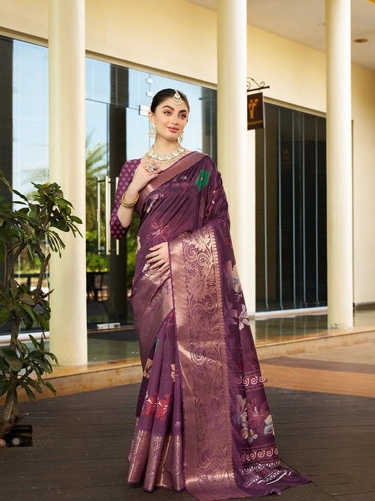 Wine Crepe Printed Saree and Stitched Wine Blouse