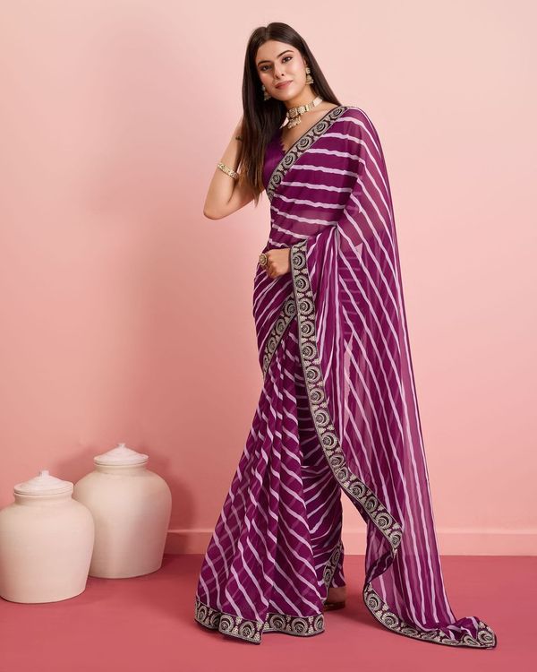 Purple Laheriya Printed & Embroidery Work Lace Border Georgette Saree