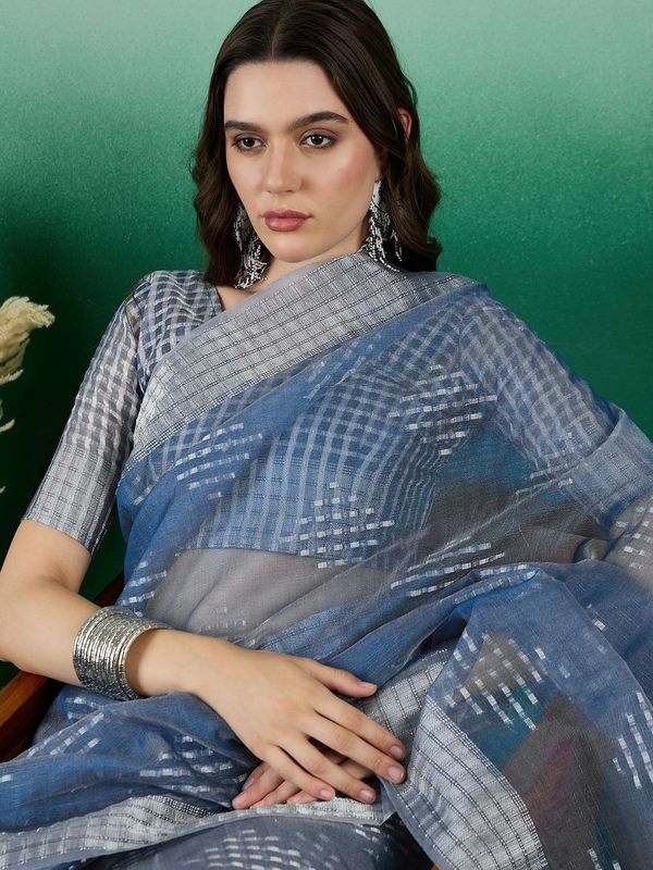 Teal Wevon Jacquard Designer Khadi Organza Saree