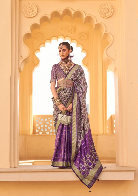 Purple Wevon Border Designer & Printed P V Silk Saree