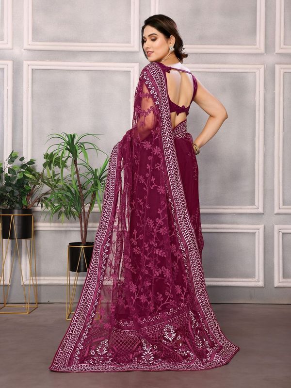 Wine Designer Thread Embroidery Work Soft Net Saree