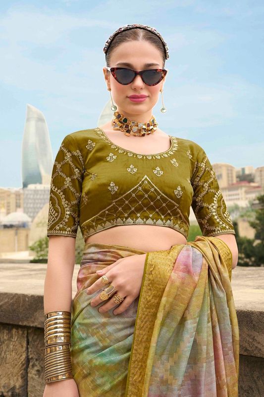 Avocado Green Wevon Designer & Embroidery Work Jacquard Silk Saree