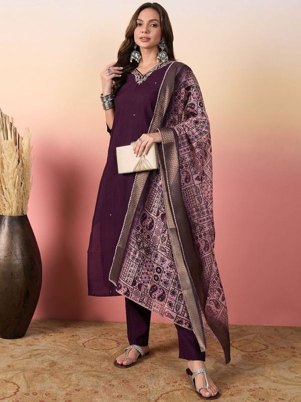 Purple Color Rich Looks Hand Woven Readymade Dress With Sophisticated Embroidery Work