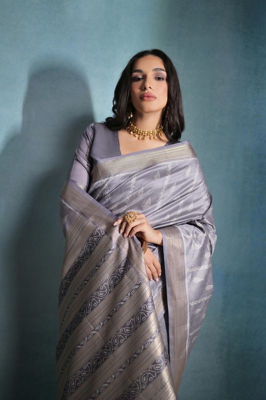 Grey Weaving Ikkat Designer Tusser Silk Saree