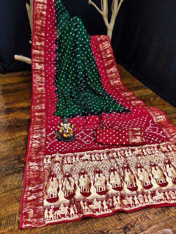 Green Wevon Designer & Bhandej Printed Dola Silk Saree