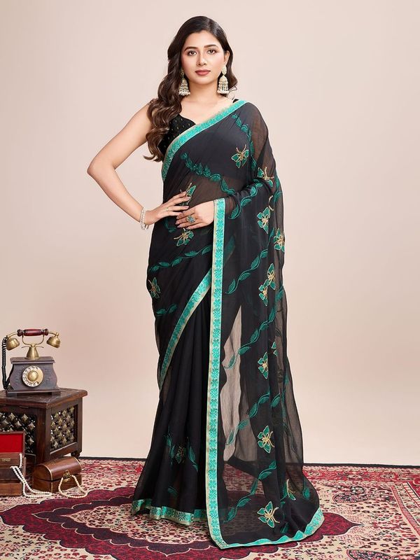 Black Designer Embroidery Work Georgette Saree