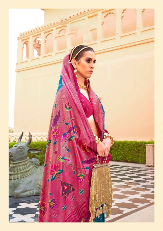 Sky Blue & Pink Wevon Designer & Printed P V Silk Saree