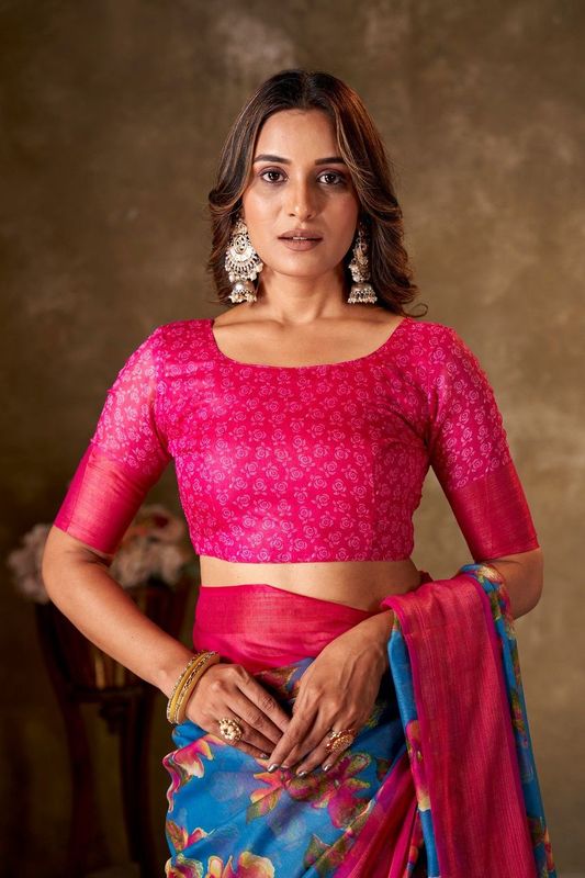 Blue Cotton Printed Saree and Stitched Pink Blouse