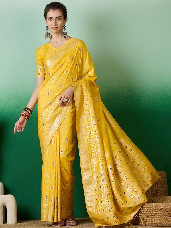Yellow Wevon Jacquard Designer Staple Dola Cotton Saree