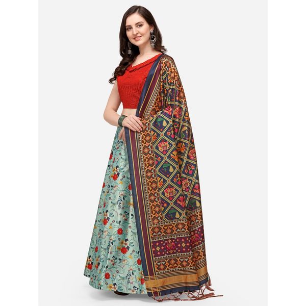 Digital Print Satin Silk Fabric Stitched Lehenga Choli With Jequared Blouse and Assami Silk Thread Work Dupatta For Women and Girls In Festive Party And Traditional Wear