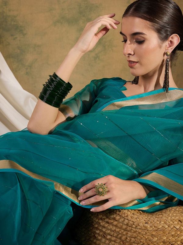 Teal Wevon Jari Pallu Border Designer & Sequance Lining Work Organza Silk Saree
