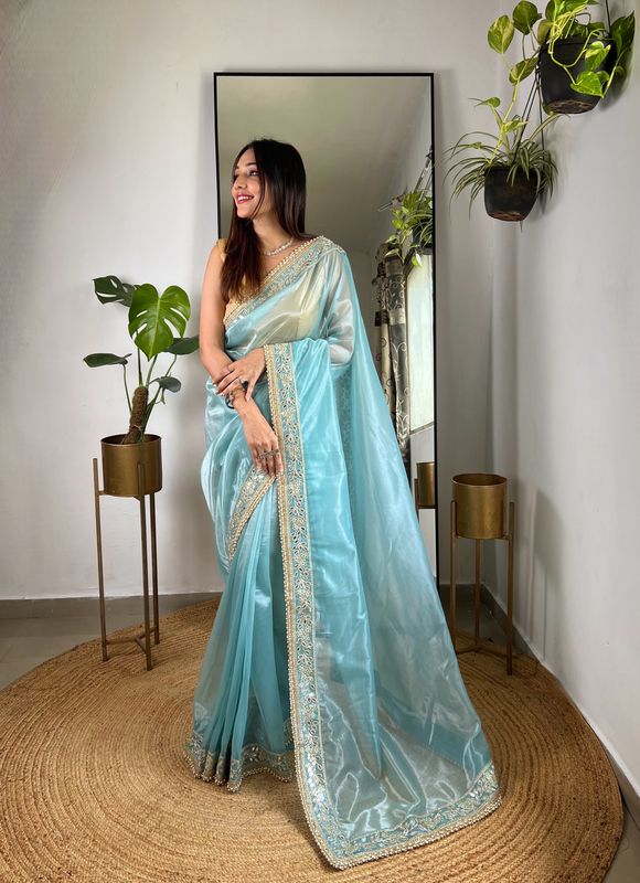 Blue Sequance & Jari Embroidery Work Silver Tissue Silk Saree