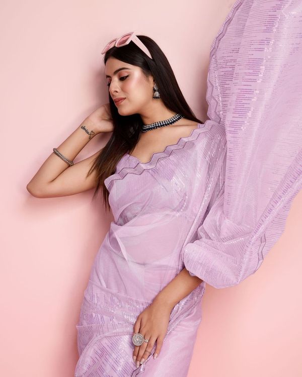 Purple Thread & Sequance Embroidery Work Silver Twill Net Saree