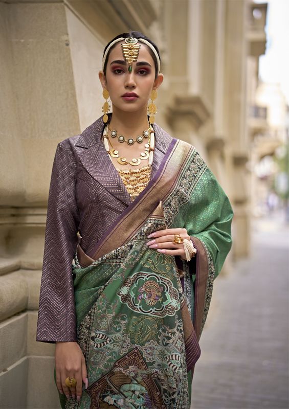Green Weaving Jari Designer & Printed P V Silk Saree