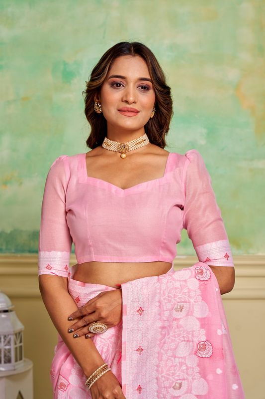Pink Cotton Woven Saree With Tassels on Pallu and Stitched Pink Blouse