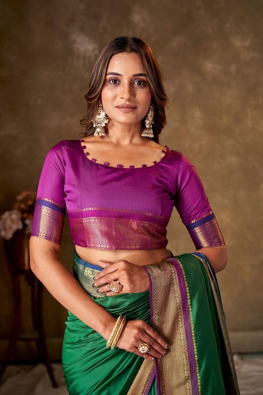 Dark Green Cotton Striped Saree and Stitched Purple Blouse