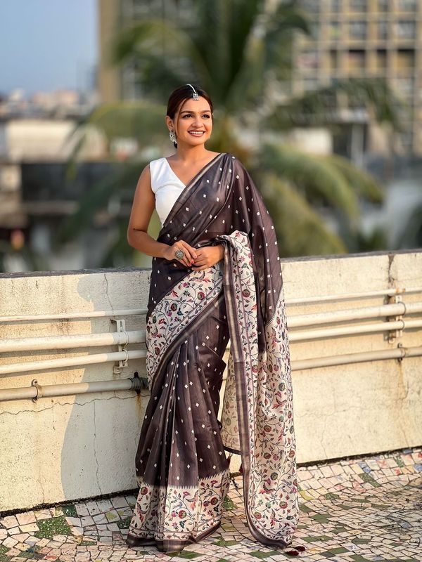 Black Designer Kalankari Floral Printed Katki Silk Saree