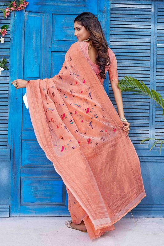 Peach Color Wevon Jacquard Designer Linen Fabric Graceful Saree