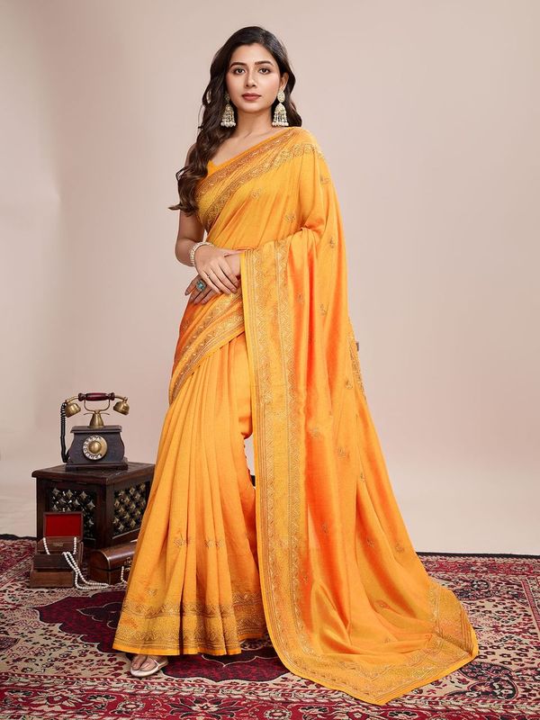 Mustard Designer Embroidery Work Vichitra Silk Saree