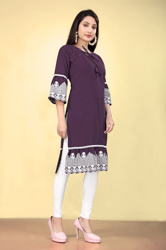 Purple Cotton Fabric Thread Embroidery Work Kurti For Formal Looks