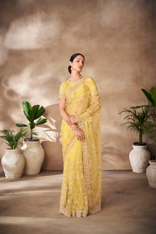 Yellow Thread & Sequance Embroidery & Zarkan Work Net Saree