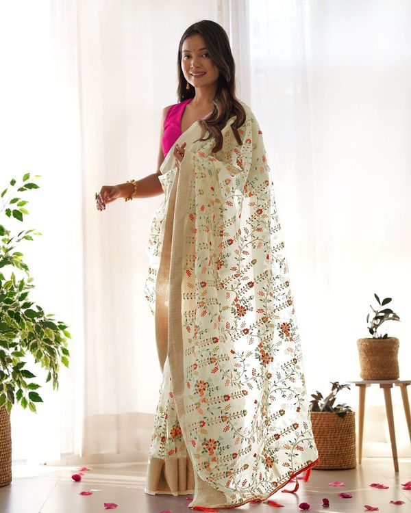 Yellow Wevon Patta & Thread & Dori & Jari Embroidery Work Organza Saree