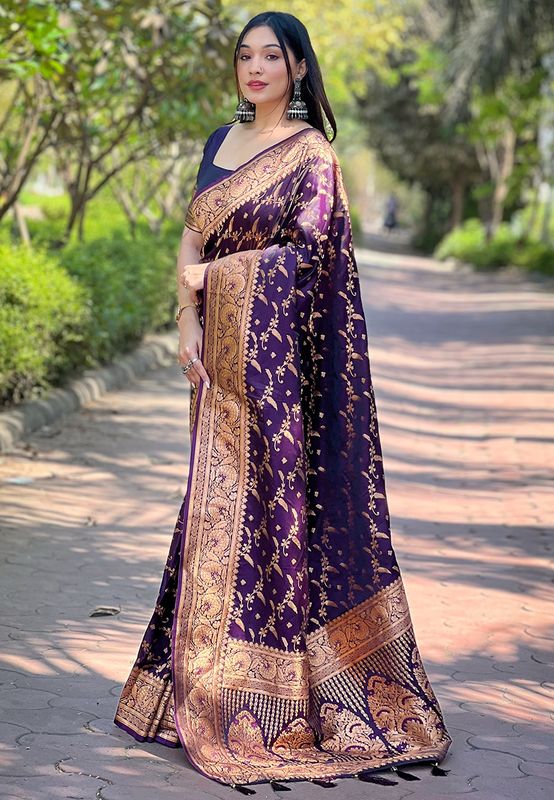 Purple Banarasi Silk Wevon Jari Designer Ethnic Partywear Ceremonial Saree For Trendy Looks