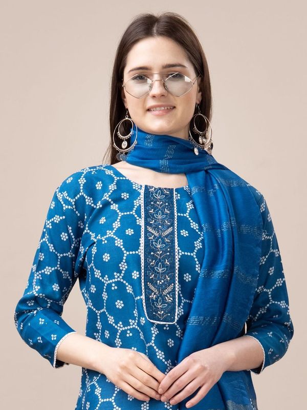 Blue Color Rayon Fabric Designer Printed Readymade Suits With Smart Embroidery Work