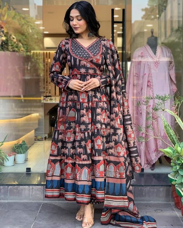 Black Cotton A-Line Kurta, Anarkali Kurta