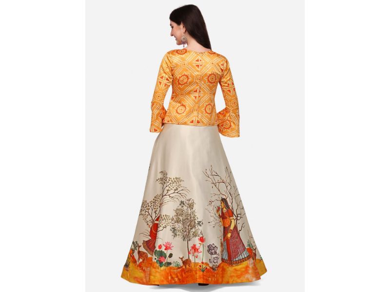 Digital Print Satin Silk Fabric Stitched Lehenga Choli With Jequared Blouse and Assami Silk Thread Work Dupatta For Women and Girls In Festive Party And Traditional Wear