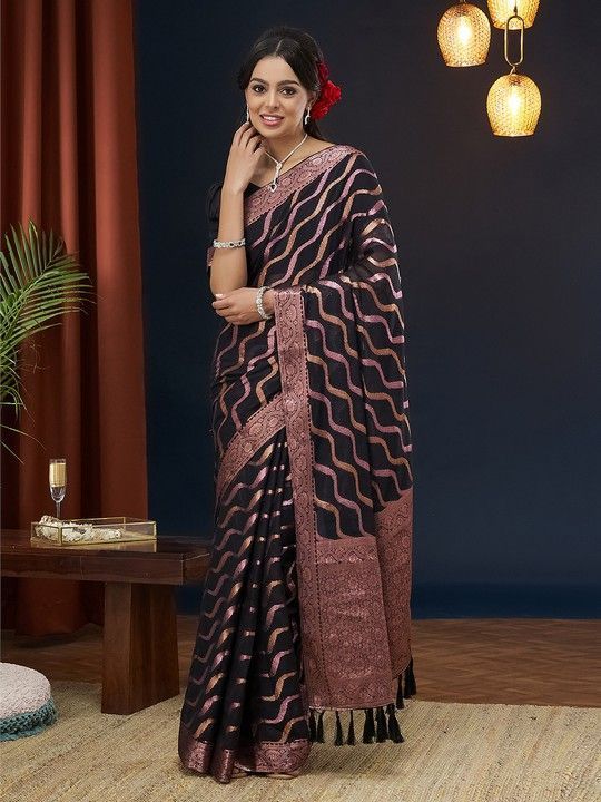 Black Georgette Leheriya Saree With Tassels on Pallu and Stitched Black Blouse
