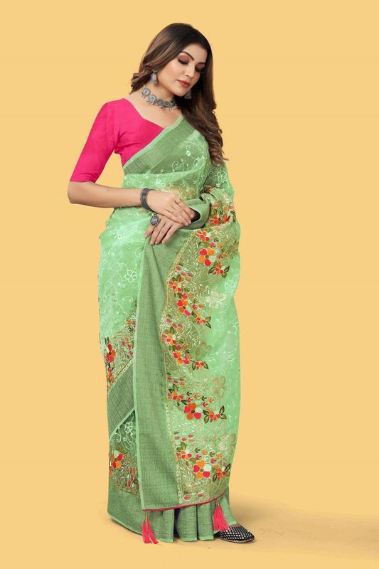 Green Wevon Jari Patta & Embroidery & Stone Work Organza Silk Saree