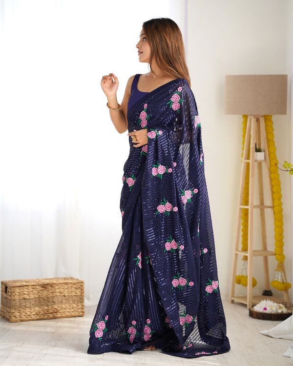 Blue Georgette Thread And Sequins Embroidery Work Glamorous Partywear Saree