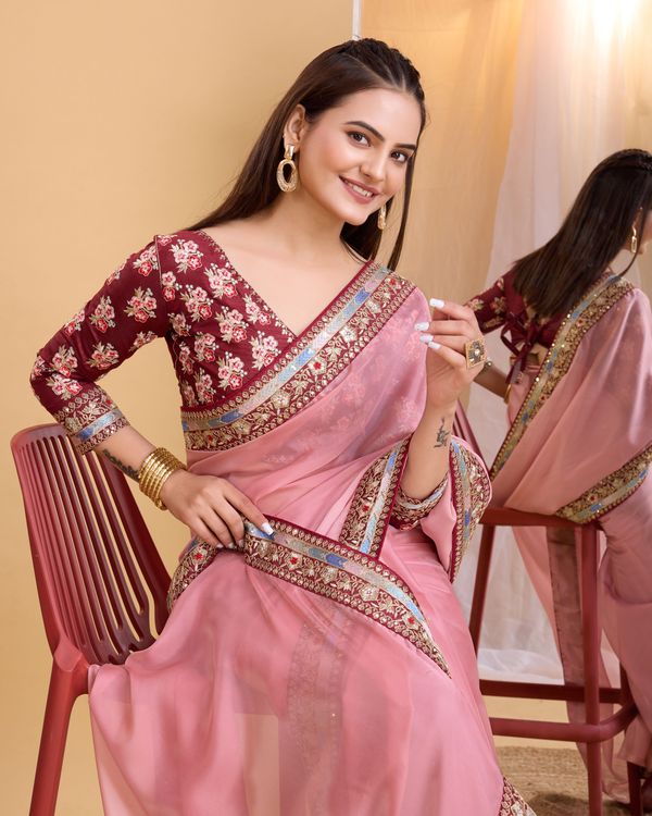 Pink Heavy Embroidery Work Lace & Blouse Organza Saree