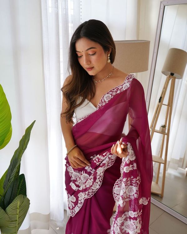 Purple Thread Embroidery & Cut Dana Work Thai Organza Silk Saree