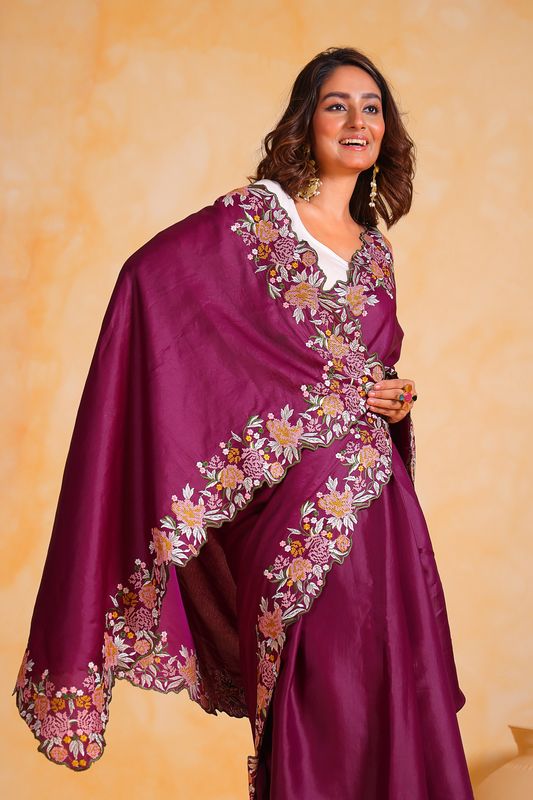 Wine Designer Viscose Thresd Embroidery Work Tusser Silk Saree