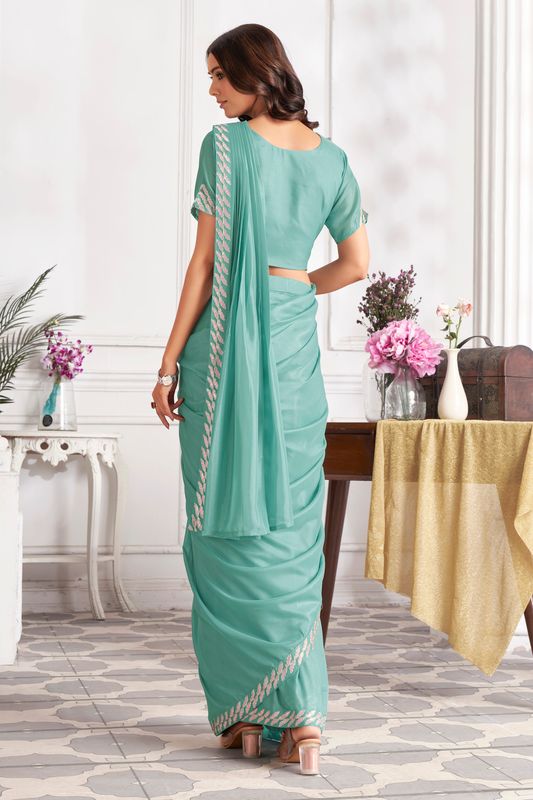 Aqua Designer Sequance Embroidery & Hand Work Satin Silk Saree