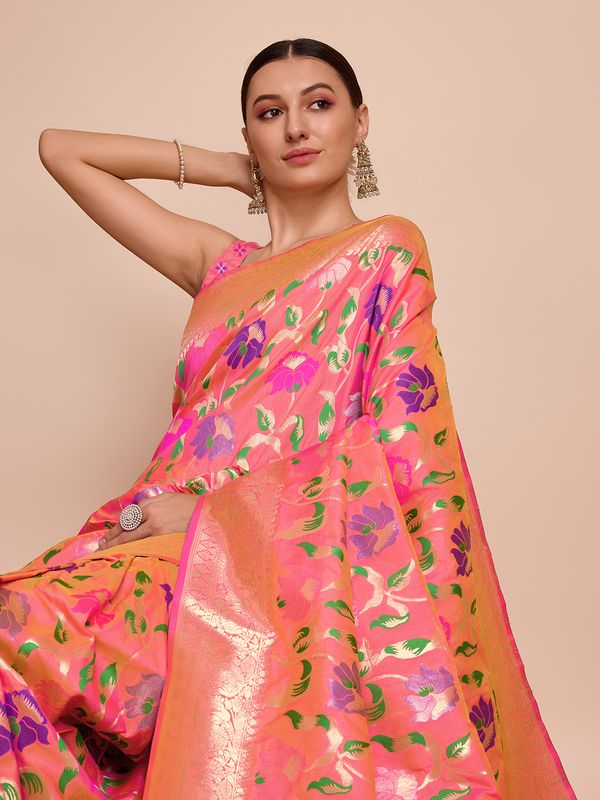 Peach Weaving Meenakari Designer Paithani Silk Saree