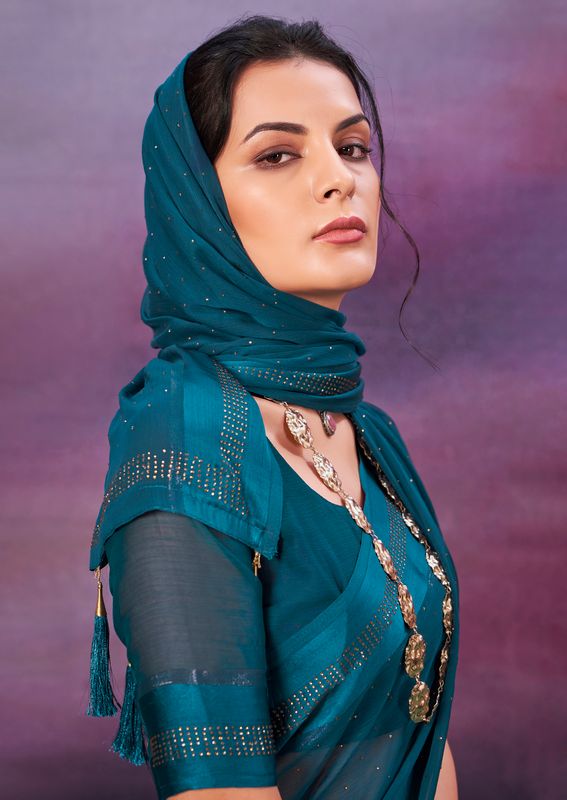 Dark Teal Wevon Patta Designer With Swarovski Work Chiffon Saree