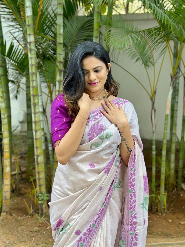 Rich Looks Floral Printed Off White Color Muga Cotton Saree For Sophisticated Looks
